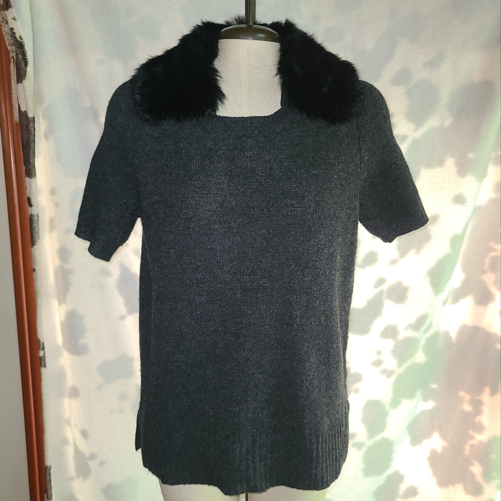 Tory Burch Real Fur Collar Sweater, Black, Size M